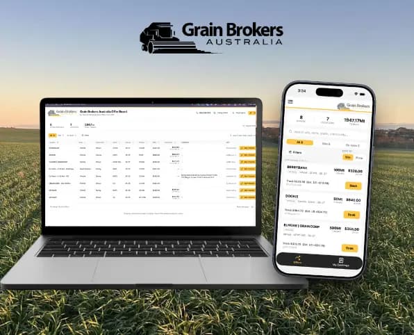 Grain Brokers Australia Offer Board shown on a laptop and mobile phone